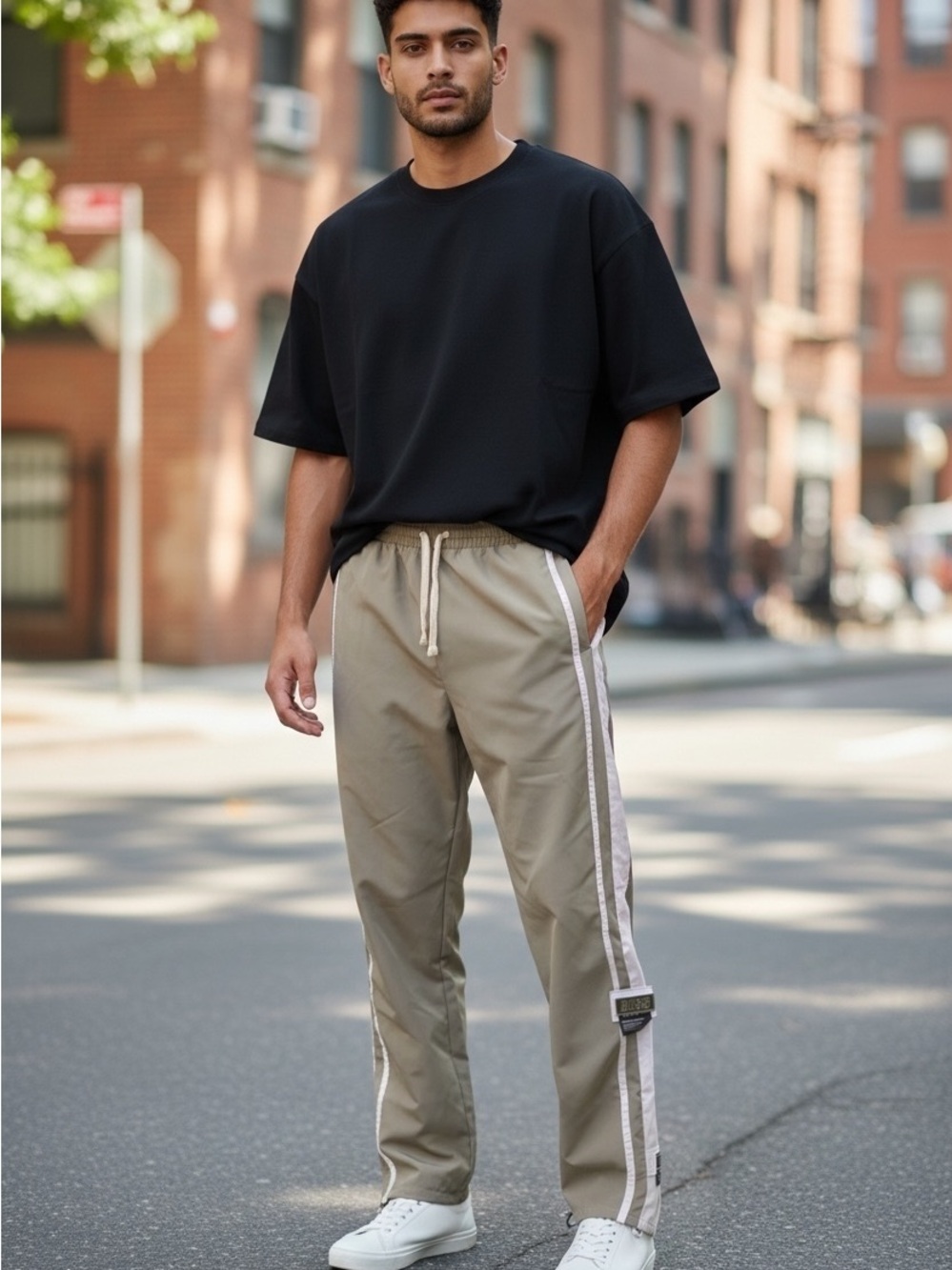 Beige Joggers with White Side Stripes